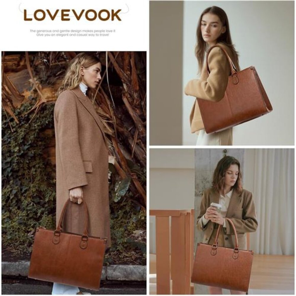 Laptop Tote Bag for Women 15.6 Inch Large Capacity Vintage Vegan Leather - Picture 2 of 7